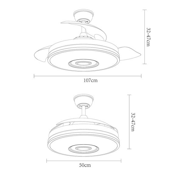 Ventilador de techo retráctil Noto en cromo de Abrila, 72W con motor DC eficiente, aspas plegables, iluminación LED RGB y altavoz Bluetooth integrado para interiores domésticos modernos.