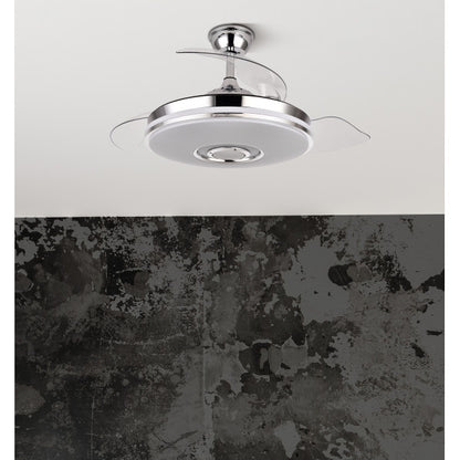 Ventilador de techo retráctil Noto en acabado cromo de 72W por Abrila, con aspas plegables, motor DC eficiente, luces LED RGB integradas, altavoz Bluetooth y diseño doméstico para interiores, modelo 165791420.