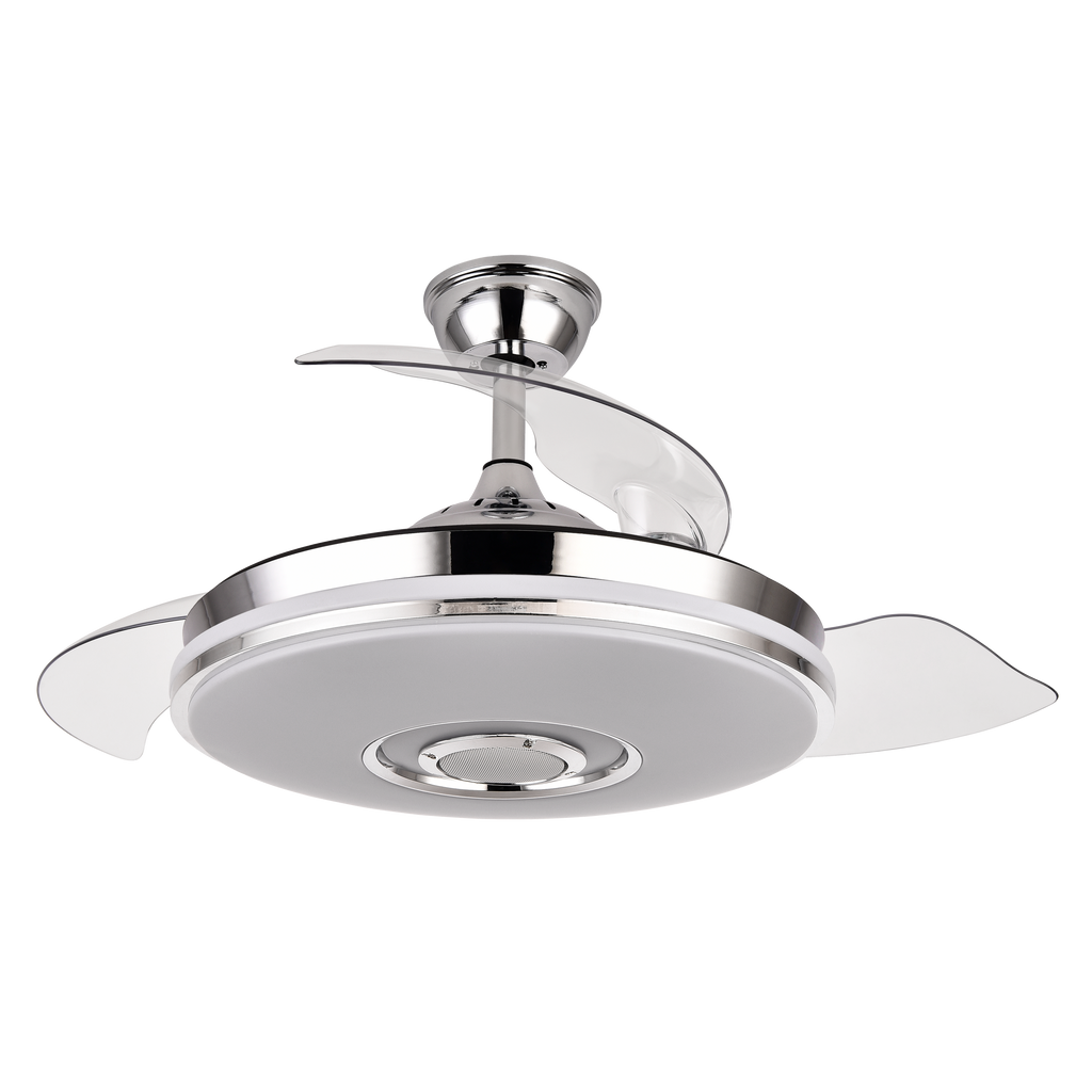 Ventilador de techo retráctil Noto en acabado cromo de 72W por Abrila, modelo 165791420 con aspas plegables, motor DC eficiente, luces LED RGB integradas, altavoz Bluetooth y diseño moderno para interiores domésticos.