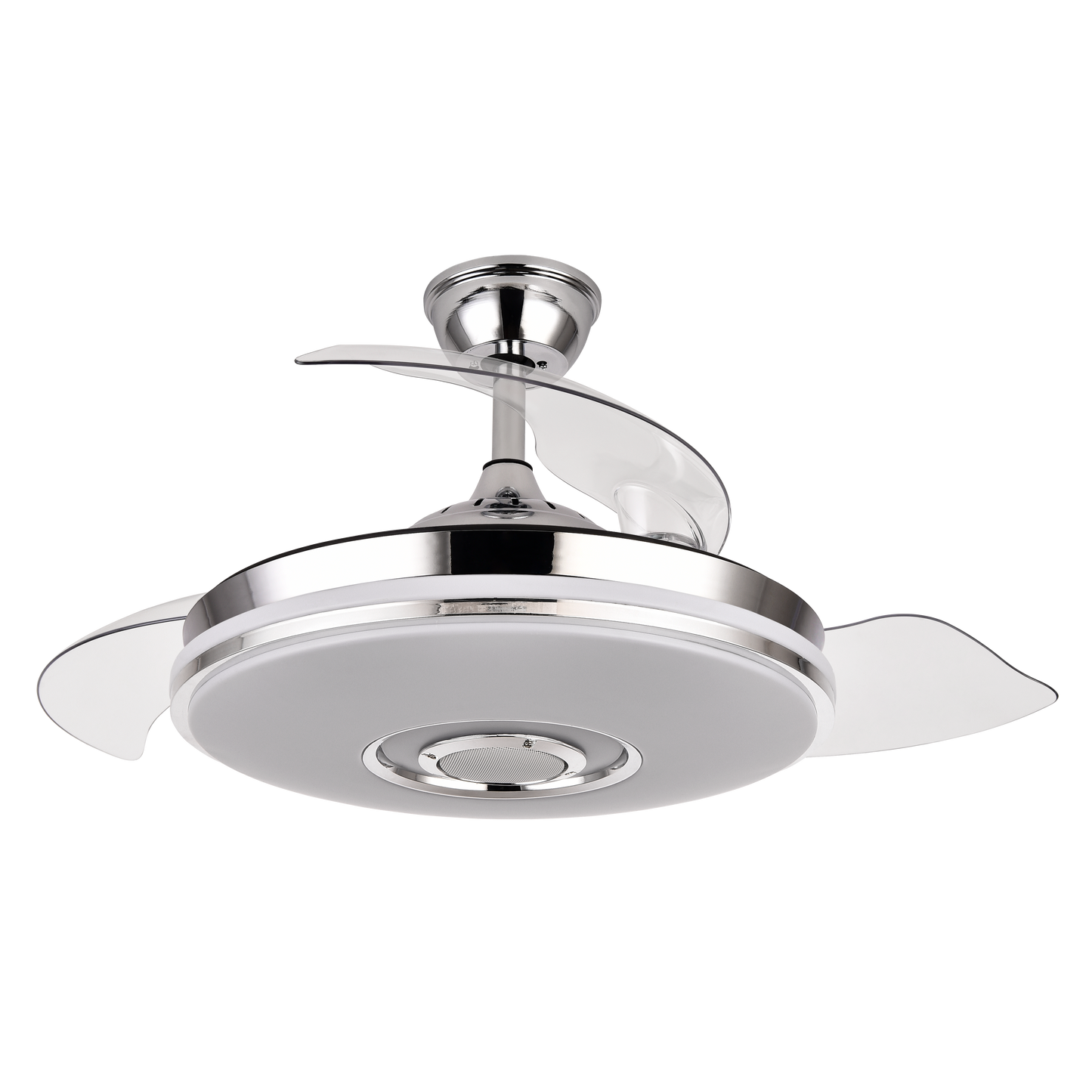 Ventilador de techo retráctil Noto en acabado cromo de 72W por Abrila, modelo 165791420 con aspas plegables, motor DC eficiente, luces LED RGB integradas, altavoz Bluetooth y diseño moderno para interiores domésticos.