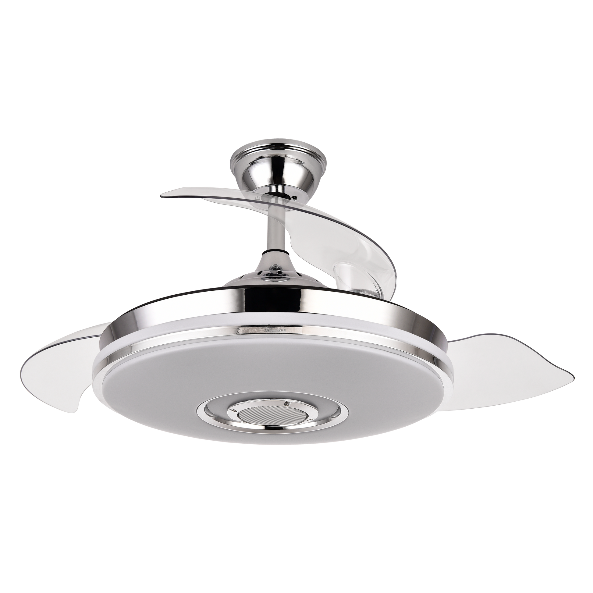 Ventilador de techo retráctil Noto en acabado cromo de 72W por Abrila, modelo 165791420 con aspas plegables, motor DC eficiente, luces LED RGB integradas, altavoz Bluetooth y diseño moderno para interiores domésticos.