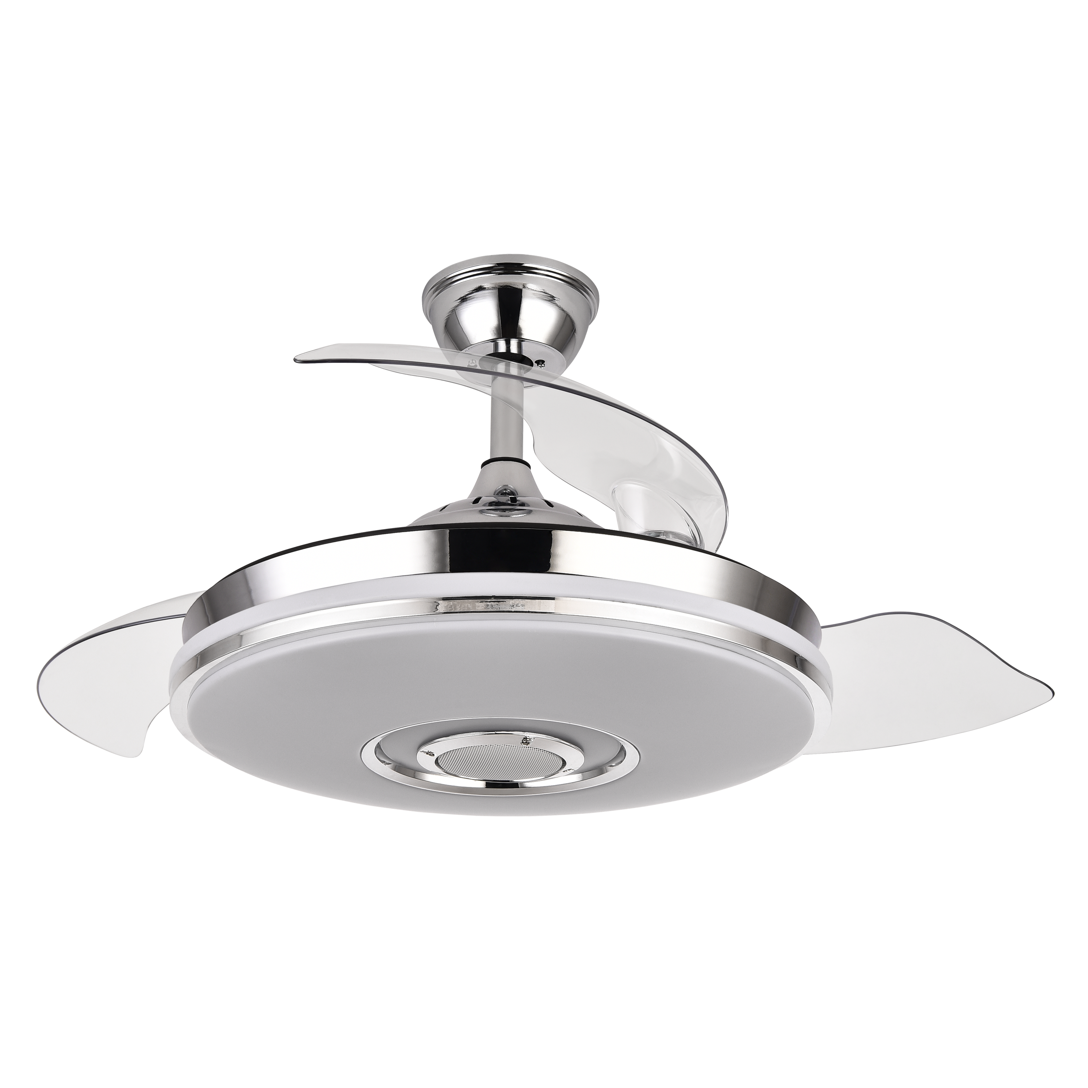 Ventilador de techo retráctil Noto en acabado cromo de 72W por Abrila, modelo 165791420 con aspas plegables, motor DC eficiente, luces LED RGB integradas, altavoz Bluetooth y diseño moderno para interiores domésticos.