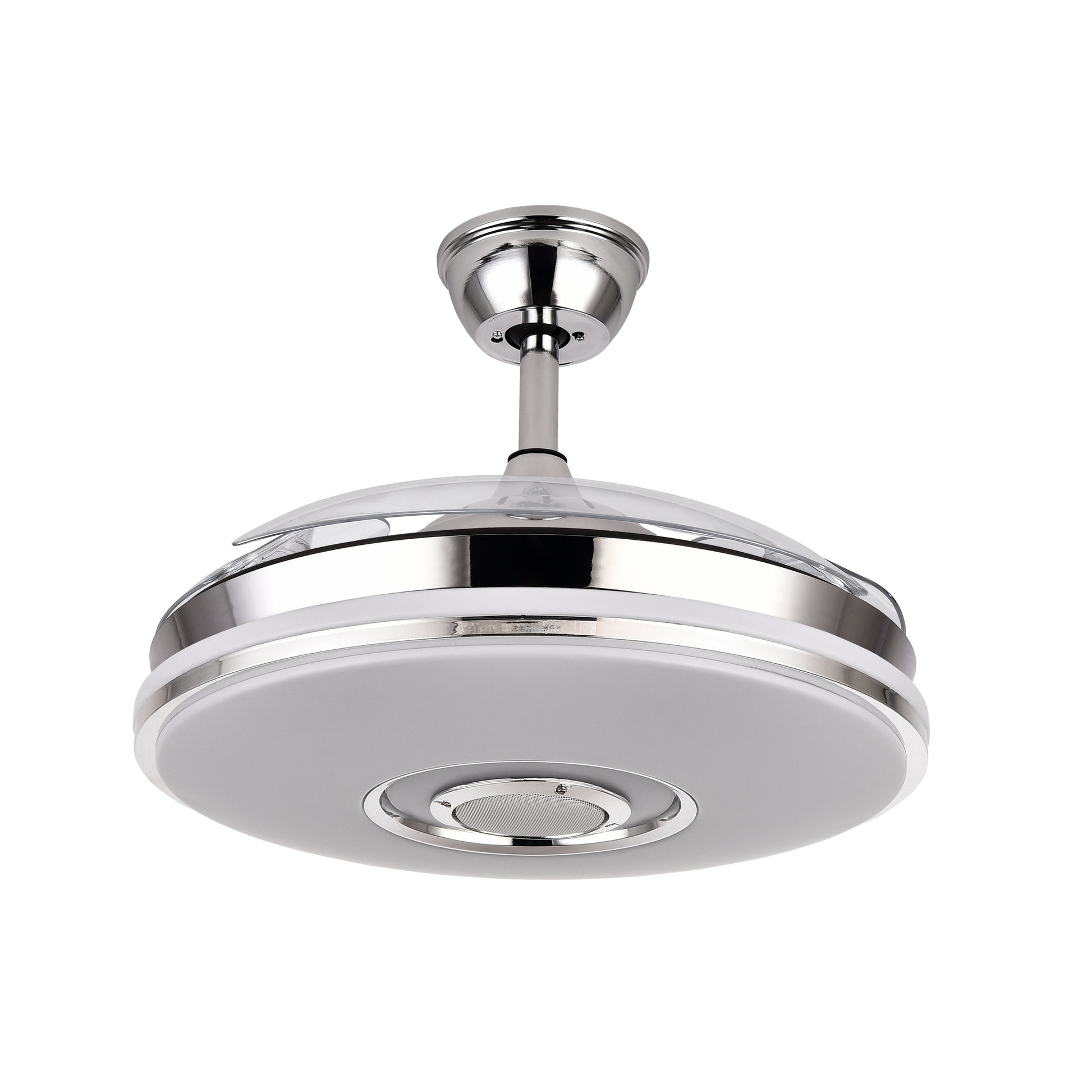 Ventilador de techo retráctil Noto en acabado cromo de Abrila, 72W con motor DC eficiente, aspas plegables para diseño compacto, luces LED RGB integradas y altavoz Bluetooth para música, ideal para interiores domésticos modernos.