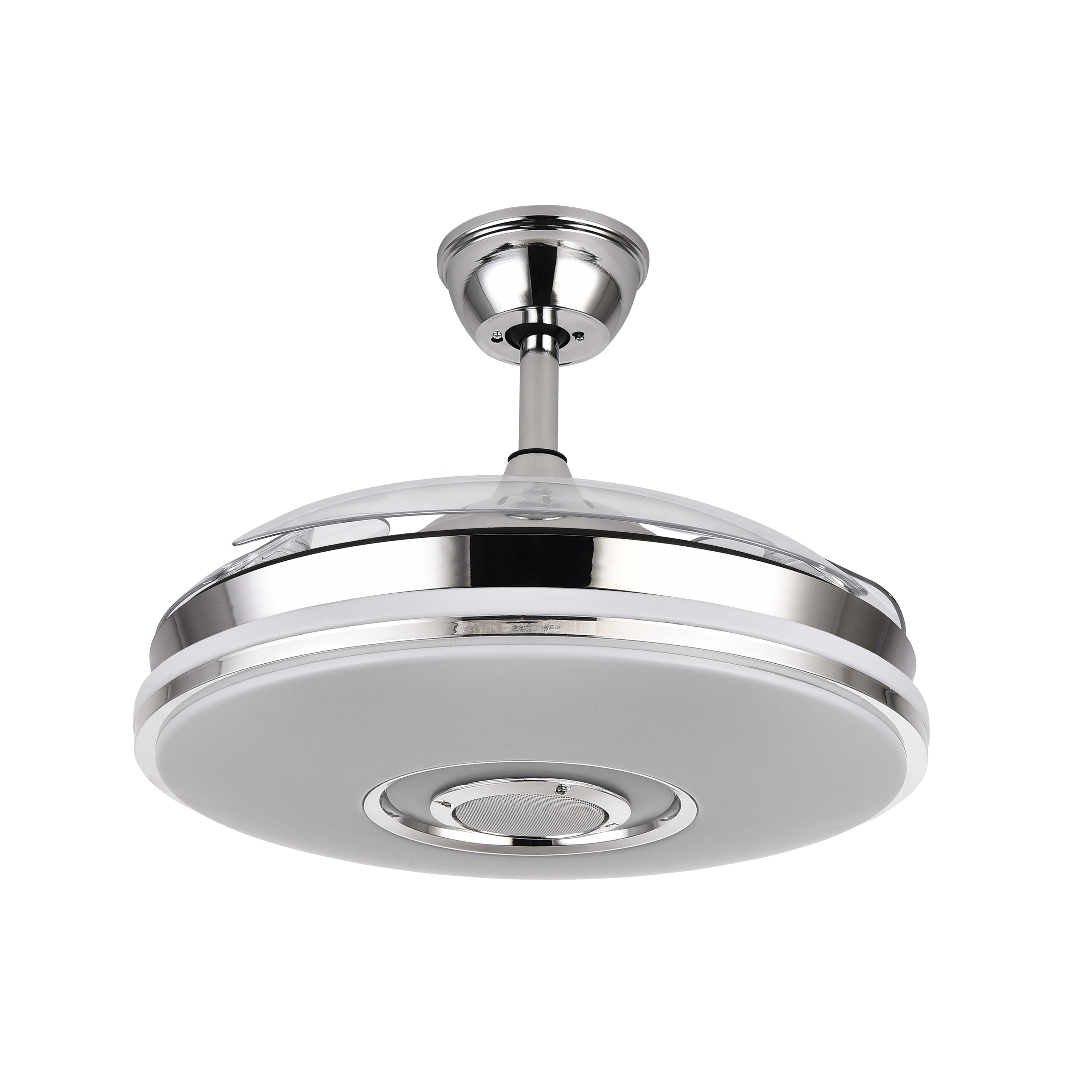 Ventilador de techo retráctil Noto en acabado cromo de Abrila, 72W con motor DC eficiente, aspas plegables para diseño compacto, luces LED RGB integradas y altavoz Bluetooth para música, ideal para interiores domésticos modernos.