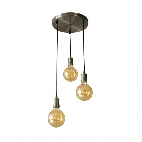 Lámpara colgante Celso de Abrila con diseño vintage industrial, 3 bombillas E27, estructura en metal cristal con detalles en ámbar y cuero, luz cálida 2700K para iluminación moderna en decoración interior