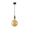 Lámpara colgante Celso de Abrila en estilo industrial moderno con pantalla de cuero y vidrio ámbar, compatible con bombilla E27 LED vintage, ideal para iluminación de salón y decoración interior eficiente en el hogar.