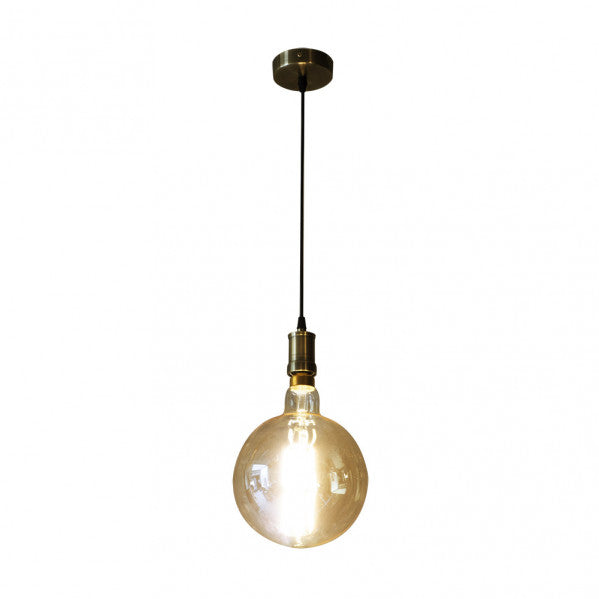 Lámpara colgante Celso de Abrila en estilo industrial moderno con pantalla de cuero y cristal ámbar, compatible con bombilla E27 LED vintage, ideal para iluminación de salón y decoración interior eficiente en el hogar.