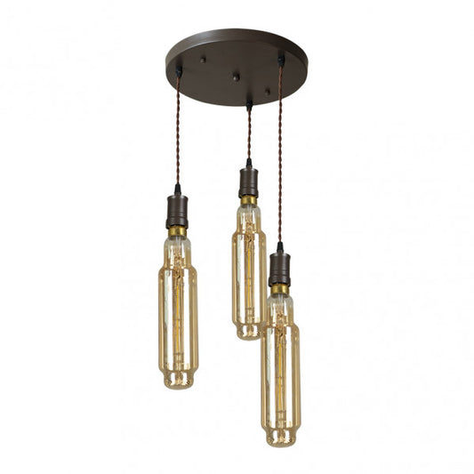 Lámpara colgante Elio 3xE27 de Abrila en marrón y ámbar, diseño industrial vintage con estructura de metal y cristal, ideal para decoración de interiores modernos con soporte LED, modelo 167083002.
