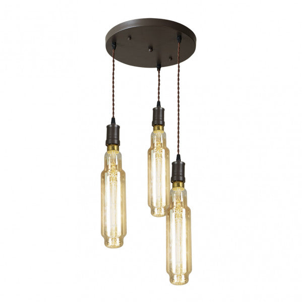 Lámpara colgante Elio de Abrila en estilo industrial vintage, con diseño de metal marrón y cristal ámbar, compatible con 3 bombillas E27 LED, ideal para decoración de interiores modernos, modelo 167083002.