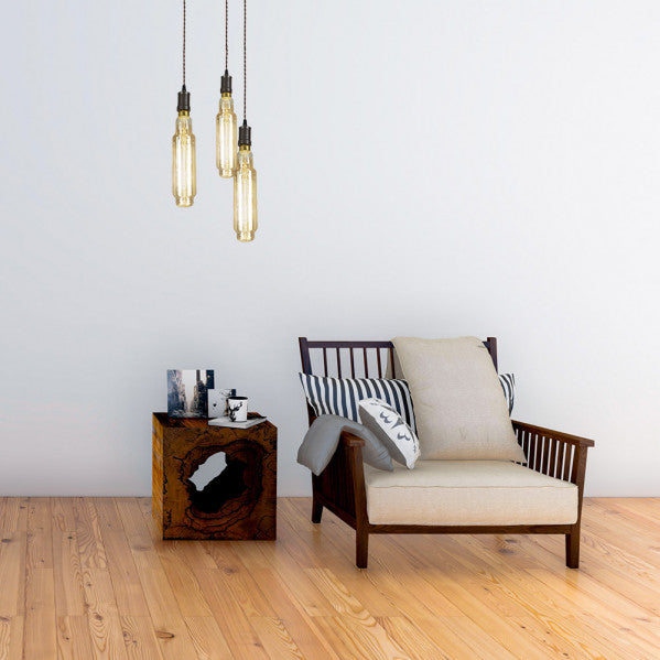 Lámpara colgante Elio de Abrila en marrón y ámbar con 3xE27, diseño industrial vintage de metal y cristal para decoración de interiores modernos con compatibilidad LED.