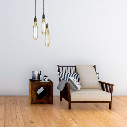 Lámpara colgante Elio de Abrila en marrón y ámbar con 3xE27, diseño industrial vintage de metal y cristal para decoración de interiores modernos con compatibilidad LED.
