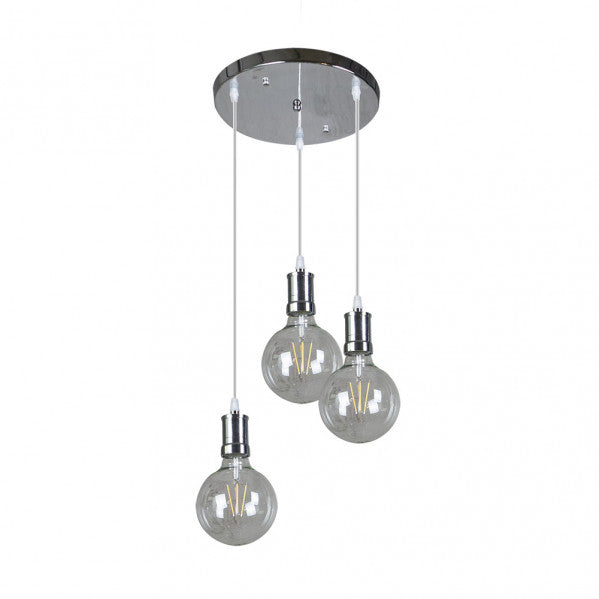 Lámpara colgante Prisco 3xE27 en cromo y cristal transparente de Abrila, diseño moderno para iluminación cálida LED en decoración interior doméstica, modelo 167183020 con estructura de metal y cristal.