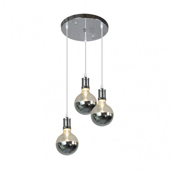 Lámpara colgante Gala de Abrila en acabado cromo con 3 casquillos E27, diseño moderno vintage de metal y cristal para iluminación decorativa LED en interiores domésticos, modelo 167283020.