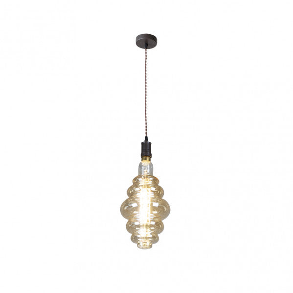Lámpara colgante Loreto en marrón ámbar de 8W LED por Abrila (167491002), diseño industrial moderno con bombilla vintage, ideal para decoración interior en metal y cristal.
