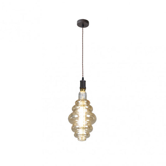 Lámpara colgante Loreto en marrón ámbar de 8W LED por Abrila (167491002), diseño industrial moderno con bombilla vintage, ideal para decoración interior en metal y cristal.