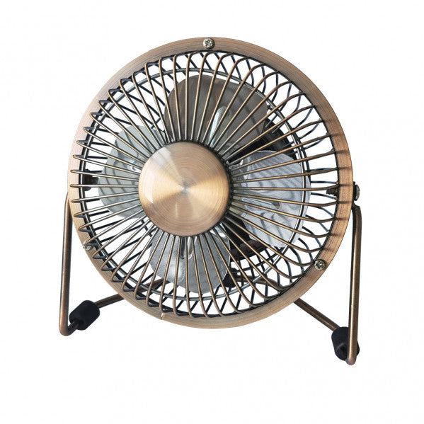 Mini ventilador Bulerías Bronce USB portátil de Abrila, modelo 170771012, ventilador mini orientable recargable con base de metal en acabado bronce y aspas de policarbonato, ideal para uso doméstico interior, compatible con carga USB AI2.