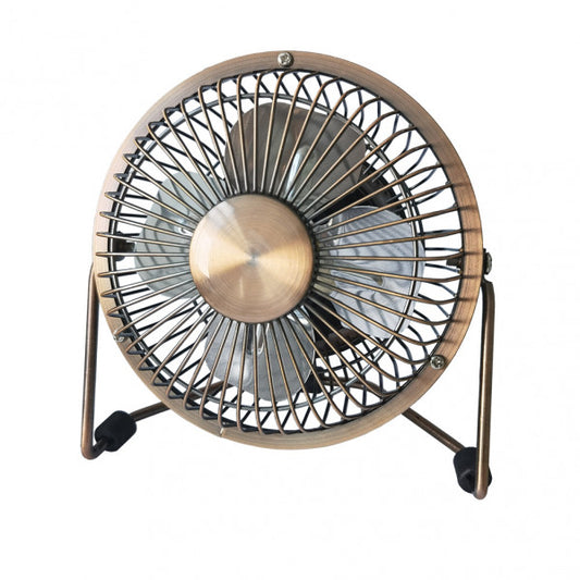 Mini ventilador Bulerías Bronce USB portátil de Abrila, modelo 170771012, ventilador mini orientable recargable con base de metal en acabado bronce y aspas de policarbonato, ideal para uso doméstico interior, compatible con carga USB AI2.
