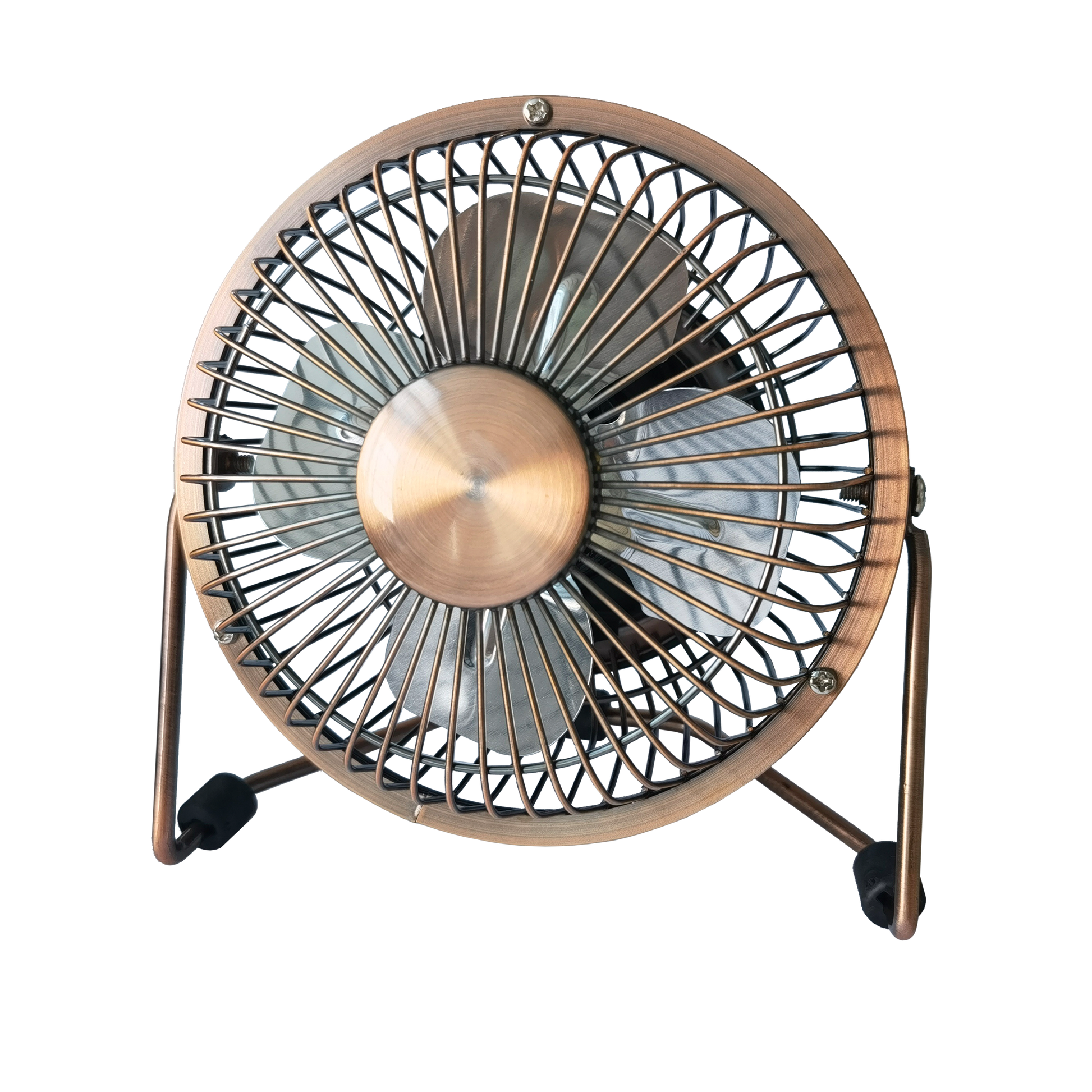 Mini ventilador portátil Bulerias en bronce de Abrila, modelo 170771012, recargable USB con base orientable de metal y policarbonato para uso doméstico interior.