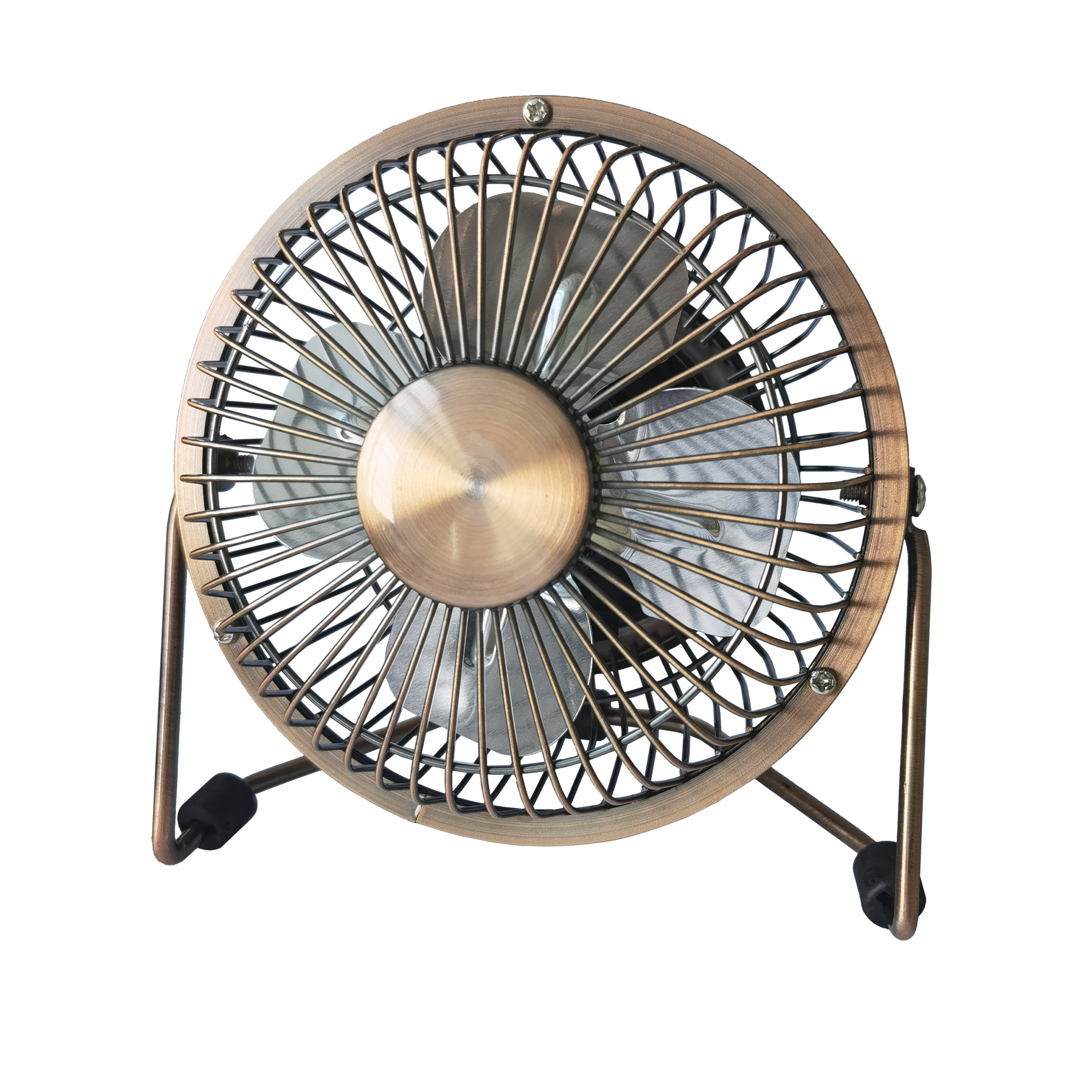 Mini ventilador portátil Bulerias en bronce de Abrila, modelo 170771012, recargable USB con base orientable de metal y policarbonato para uso doméstico interior.