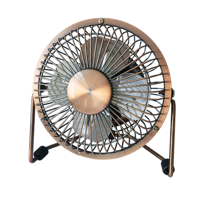 Mini ventilador portátil Bulerias en bronce de Abrila, modelo 170771012, recargable USB con base orientable de metal y policarbonato para uso doméstico interior.