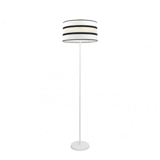 Lámpara de pie de salón Karla en blanco y beis, modelo Abrila de 149 cm con diseño vintage, fabricada en metal y textil para iluminación interior y decoración doméstica.