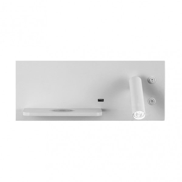 Aplique LED Velazquez derecho en blanco de Abrila (17136DE01), modelo moderno con luz neutra de 4000K, ideal para iluminación interior doméstica, lectura y decoración con foco orientable en metal, incluye carga inalámbrica USB Qi.