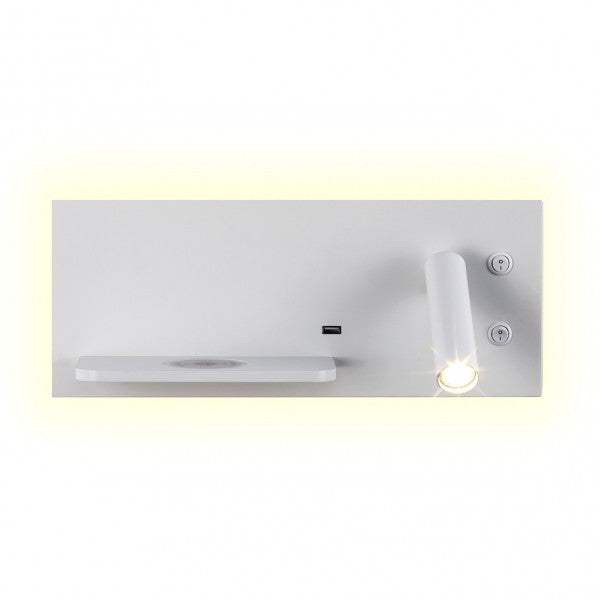 Aplique LED Velazquez Derecho Blanco 4000K de Abrila modelo 17136DE01, aplique moderno de metal blanco con foco orientable para iluminación interior doméstica, ideal para lectura y decoración con carga USB Qi inalámbrica.