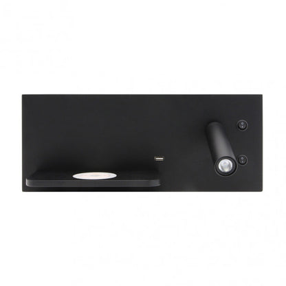 Aplique LED Velazquez negro derecho con USB y carga inalámbrica QI, modelo Abrila 17136DE09, diseño moderno en metal para iluminación interior, lectura y luz ambiente.