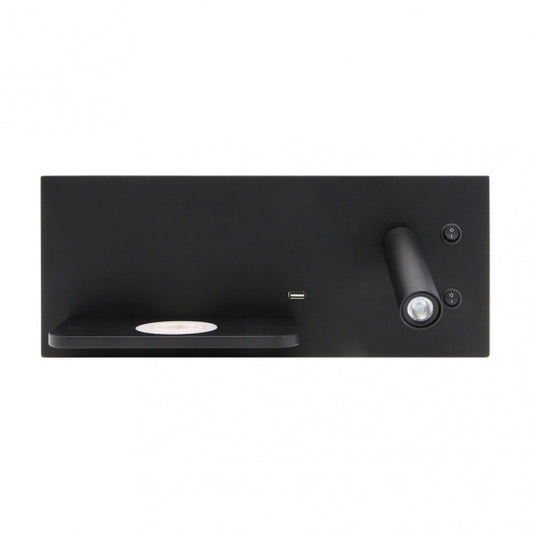 Aplique LED Velazquez negro derecho con USB y carga inalámbrica QI, modelo Abrila 17136DE09, diseño moderno en metal para iluminación interior, lectura y luz ambiente.