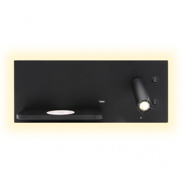 Aplique LED Velazquez negro derecho USB+QI de Abrila, modelo 17136DE09, lámpara de pared moderna en metal negro con iluminación LED para lectura, ambiente interior y decoración, carga inalámbrica Qi y puerto USB.