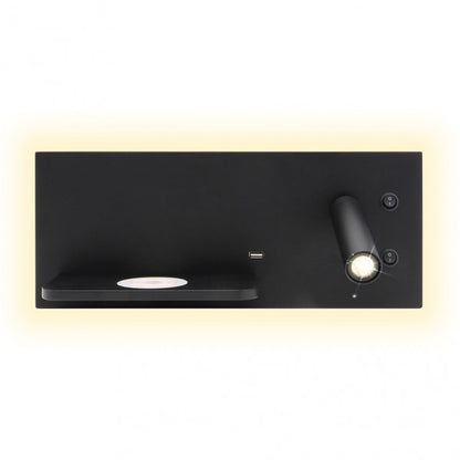 Aplique LED Velazquez negro derecho USB+QI de Abrila, modelo 17136DE09, lámpara de pared moderna en metal negro con iluminación LED para lectura, ambiente interior y decoración, carga inalámbrica Qi y puerto USB.