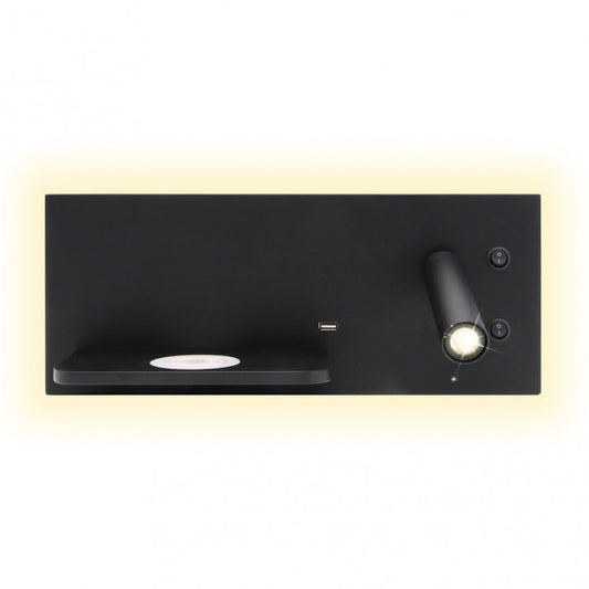 Aplique LED Velazquez negro derecho USB+QI de Abrila, modelo 17136DE09, lámpara de pared moderna en metal negro con iluminación LED para lectura, ambiente interior y decoración, carga inalámbrica Qi y puerto USB.
