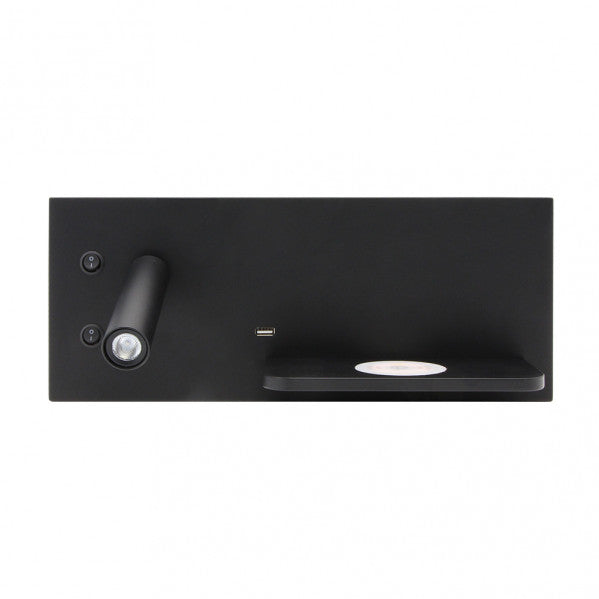 Aplique de pared Velázquez Izqdo Negro 2+8W 4000K de Abrila (17136IZ09), diseño moderno con LED integrado, foco orientable, luz ambiente neutra para interiores domésticos y carga inalámbrica USB-Qi en acabado negro.