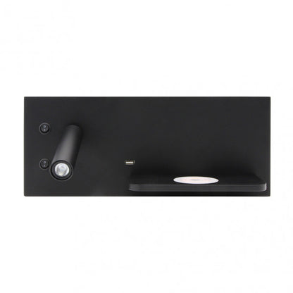 Aplique de pared Velázquez Izqdo Negro 2+8W 4000K de Abrila (17136IZ09), diseño moderno con LED integrado, foco orientable, luz ambiente neutra para interiores domésticos y carga inalámbrica USB-Qi en acabado negro.