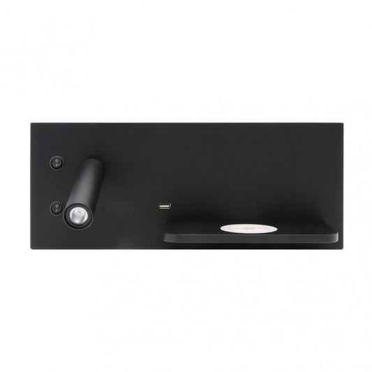 Aplique de pared Velázquez Izqdo Negro 2+8W 4000K de Abrila (17136IZ09), diseño moderno con LED integrado, foco orientable, luz ambiente neutra para interiores domésticos y carga inalámbrica USB-Qi en acabado negro.