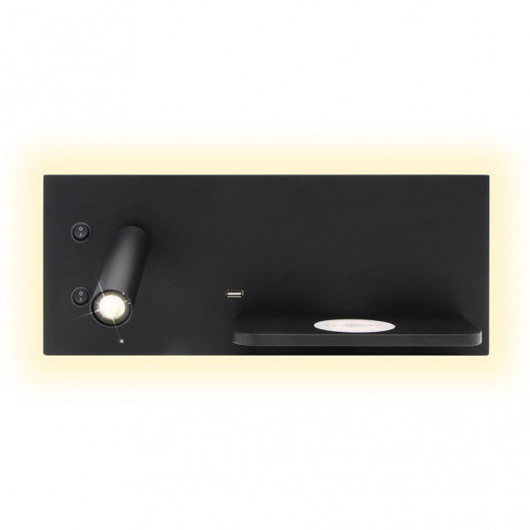 Aplique de pared Velazquez Izqdo en negro de Abrila, modelo 17136IZ09 con 2+8W LED integrado de 4000K luz neutra, foco orientable y carga inalámbrica USB-Qi para decoración interior moderna y ambiente doméstico.