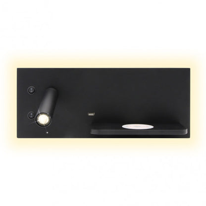 Aplique de pared Velazquez Izqdo en negro de Abrila, modelo 17136IZ09 con 2+8W LED integrado de 4000K luz neutra, foco orientable y carga inalámbrica USB-Qi para decoración interior moderna y ambiente doméstico.