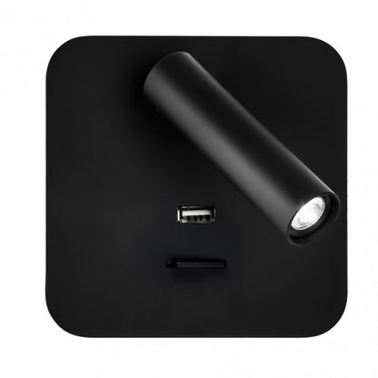 Aplique LED Giotto cuadrado negro de 3W con puerto USB, modelo Abrila 171561C09, foco orientable en metal para iluminación interior doméstica y decoración moderna.