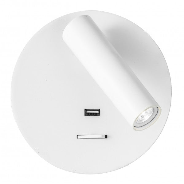 Aplique LED Giotto redondo blanco de 3W 4000K, modelo Abrila 171561R01, diseño moderno en metal para interiores domésticos con foco orientable y conexión USB