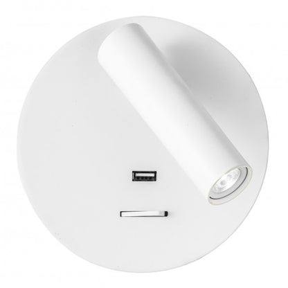 Aplique LED Giotto redondo blanco de 3W 4000K, modelo Abrila 171561R01, diseño moderno en metal para interiores domésticos con foco orientable y conexión USB