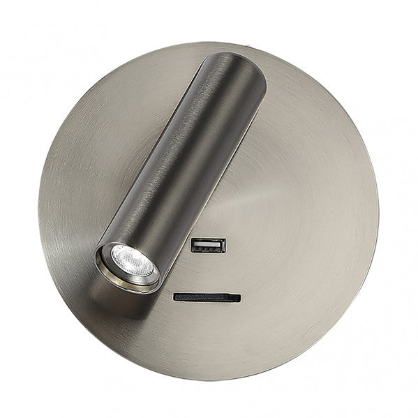 Modern LED wall sconce Giotto round nickel finish 4000K by Abrila, model 171561R03, featuring adjustable focus light, USB port, sleek metal design for contemporary interior decoration.