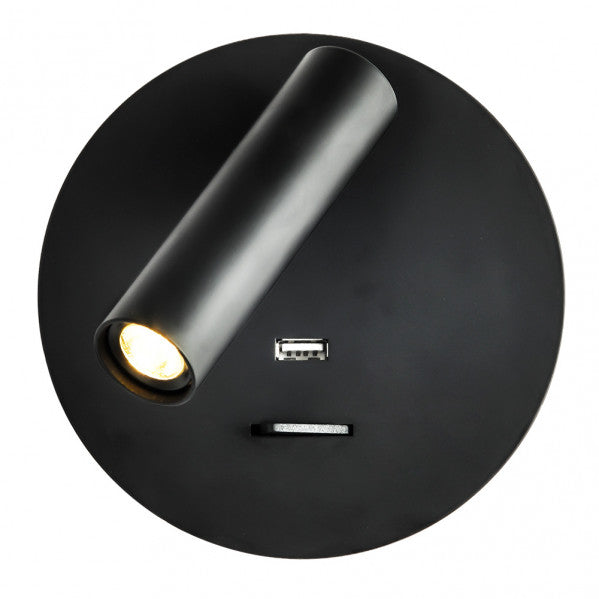 Aplique de pared Giotto redondo negro de 3W USB, modelo Abrila 171561R09, diseño moderno en metal LED para iluminación interior doméstica AI2