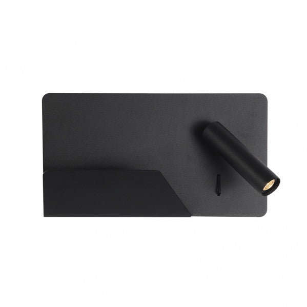 Aplique LED Miguel Angel Derecho Negro 3W de Abrila (17176DE09), diseño moderno de metal negro para decoración interior doméstica, con foco orientable en estante y USB integrado.