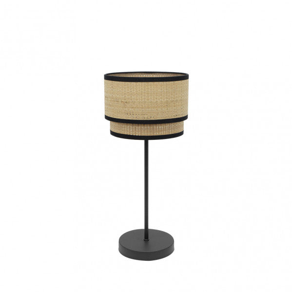 Lámpara de sobremesa Roque en acabado natural y negro de Abrila (modelo 172871009), diseño rústico con base de metal y pantalla de textil arpillera para iluminación difusa en decoración interior doméstica.