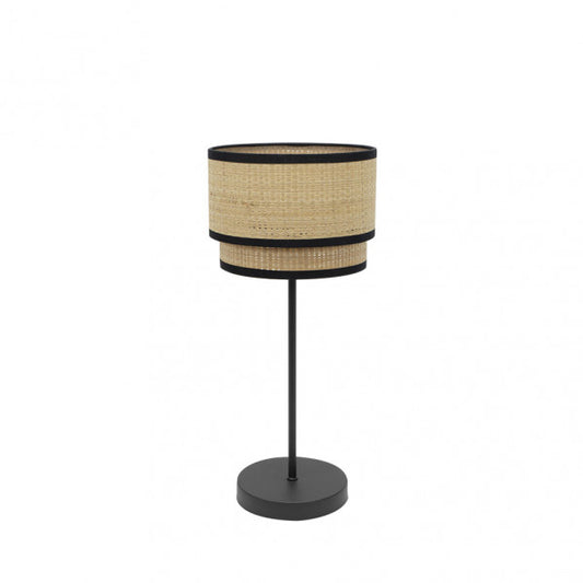 Lámpara de sobremesa Roque en acabado natural y negro de Abrila (modelo 172871009), diseño rústico con base de metal y pantalla de textil arpillera para iluminación difusa en decoración interior doméstica.