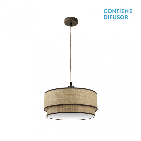 Colgante Roque natural en color marrón de 50 cm con 2 casquillos E27, lámpara colgante rústica de metal y textil de Abrila para iluminación difusa en decoración interior doméstica, modelo 172895002.