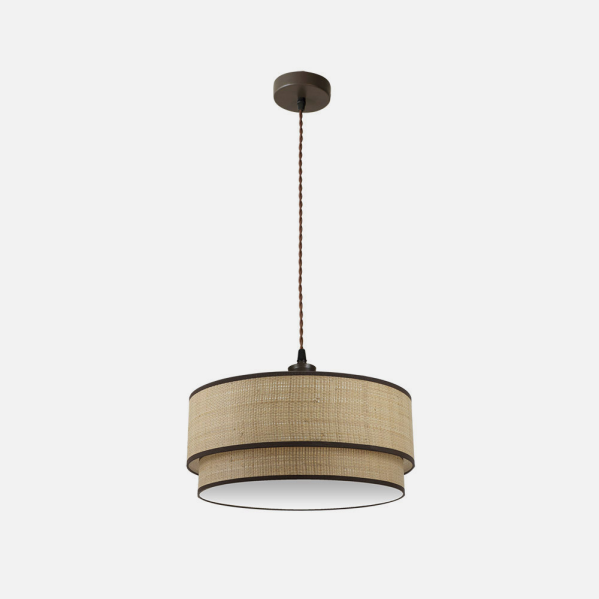 Colgante Roque natural en marrón de Abrila, modelo 172895002, con cable textil de 50 cm y 2 casquillos E27 para iluminación difusa rústica en interiores domésticos. Lámpara colgante de metal en estilo natural para decoración hogareña.