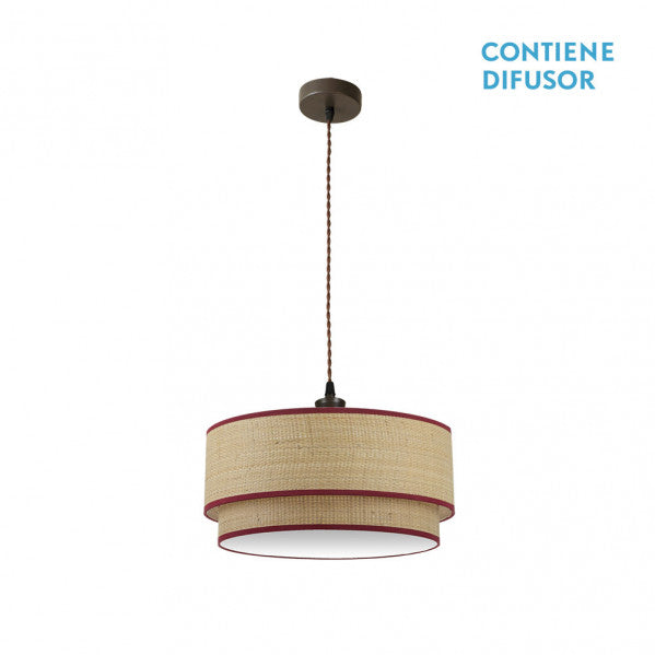 Colgante Roque 2xE27 en acabado natural y rojo de 50 cm de Abrila (ref. 172895007), lámpara colgante rústica de metal y textil para iluminación interior doméstica y decoración.