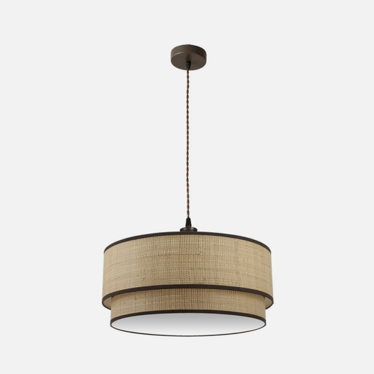 Colgante Roque de Abrila en natural y marrón, lámpara colgante rústica de 60 cm con 3 casquillos E27 para luz difusa en interiores domésticos, diseño textil y metal para decoración moderna (ref. 172896002)