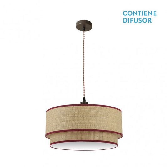 Colgante Roque de Abrila en acabado natural y rojo, lámpara colgante rústica de metal y textil con 3 casquillos E27, diámetro 60cm, ideal para iluminación interior doméstica y decoración rústica (modelo 172896007).